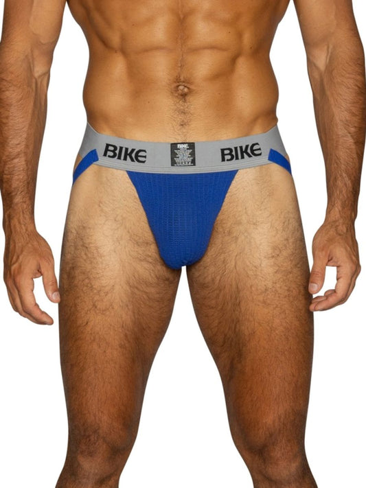 BIKE royal blue classic jockstrap with grey waistband and blue straps.
