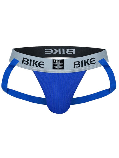 Royal blue BIKE jockstrap with a grey waistband and blue straps.