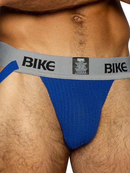 BIKE royal blue athletic jockstrap with grey waistband and visible brand logo.