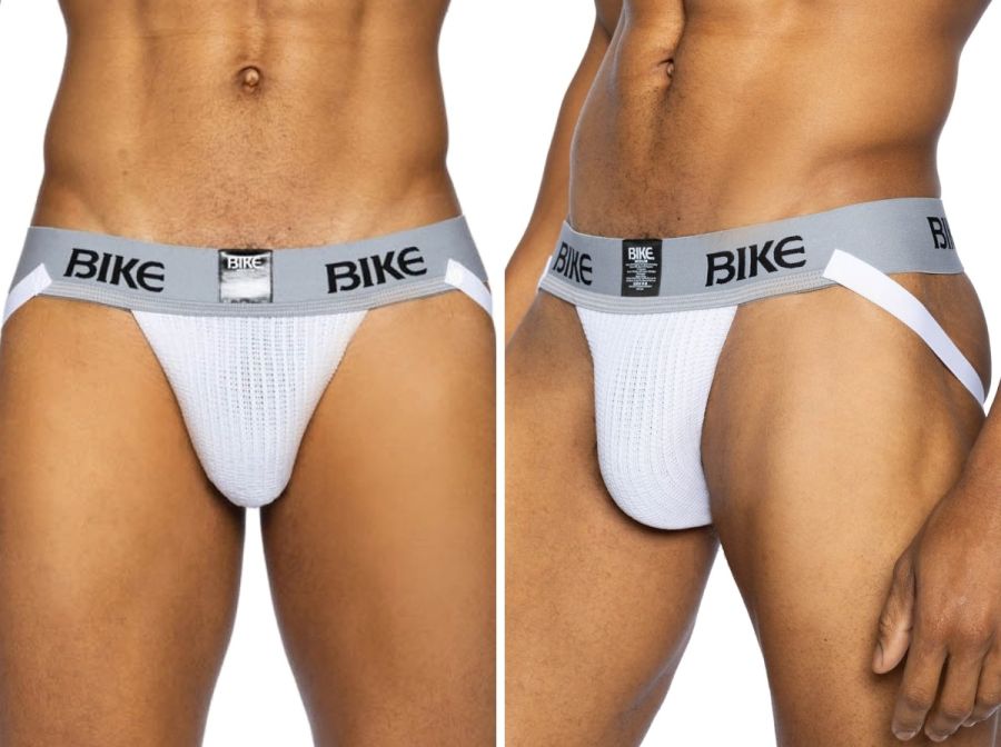 White bike brand classic jockstrap with gray waistband and black lettering for athletic support