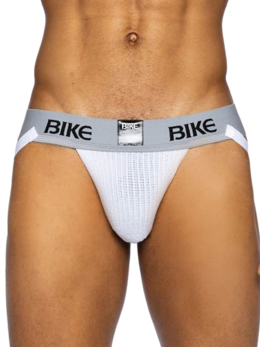 White mesh bike brief with gray waistband and black bike lettering from BIKE Athletic BAS304 classic jockstrap collection