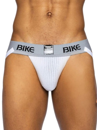 White mesh bike brief with gray waistband and black bike lettering from BIKE Athletic BAS304 classic jockstrap collection