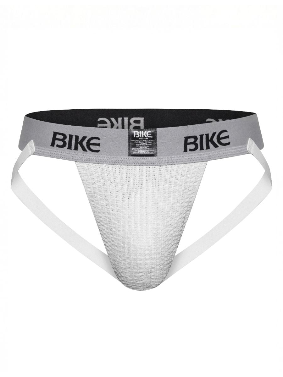 White textured bike athletic brief with gray waistband featuring black bike branding for classic jockstrap use