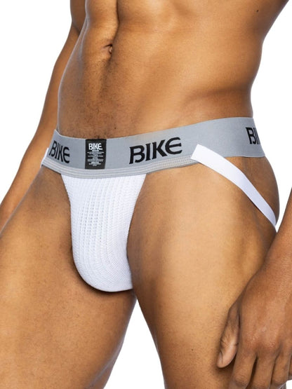 White textured bike brief with gray waistband and black bike branding from bike athletic bas304 classic jockstrap