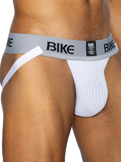 White textured bike brief with gray waistband and black bike branding from BIKE athletic BAS304 classic jockstrap