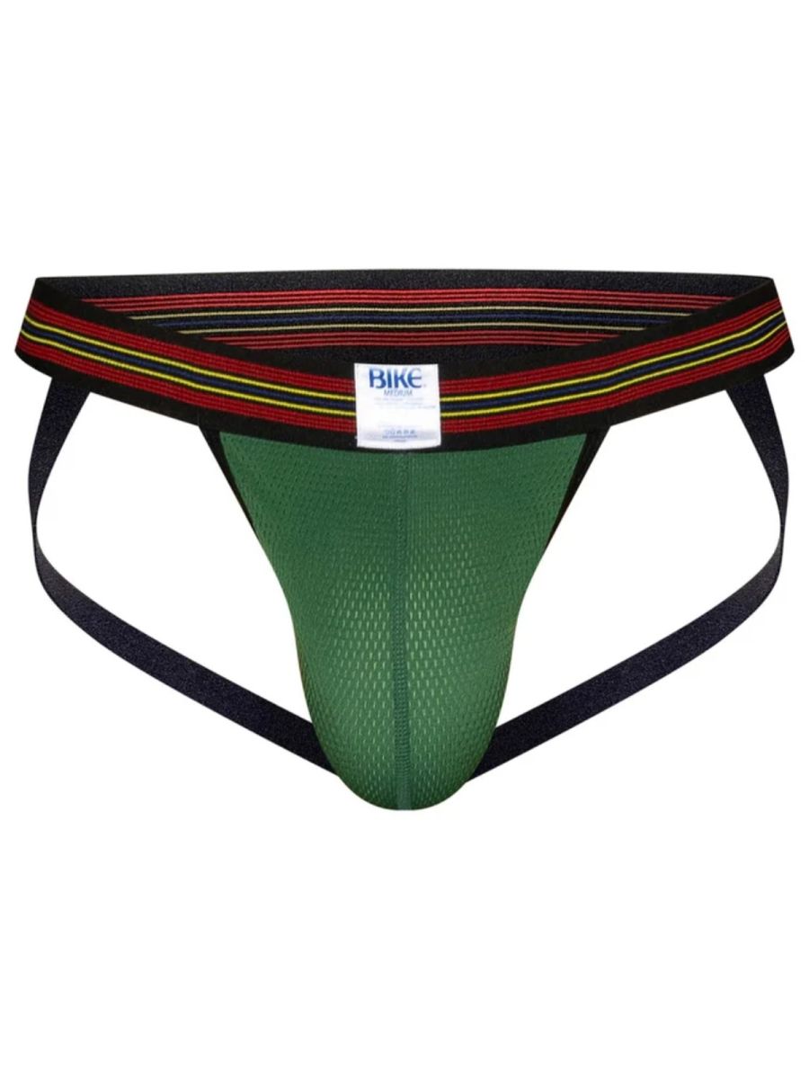Green mesh BIKE athletic jockstrap with striped waistband.