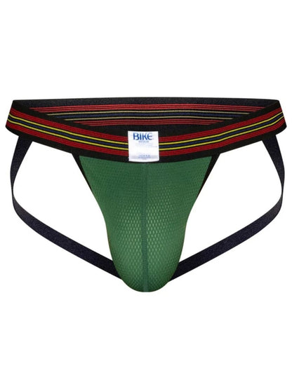 Green mesh BIKE athletic jockstrap with striped waistband.