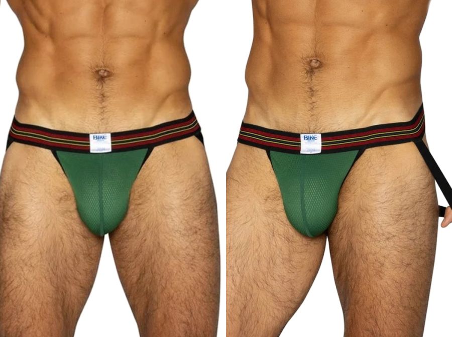 Men's green BIKE performance mesh jockstrap with striped waistband.