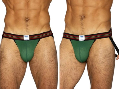 Men's green BIKE performance mesh jockstrap with striped waistband.