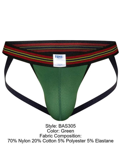 Green BIKE athletic performance mesh jockstrap with striped waistband.