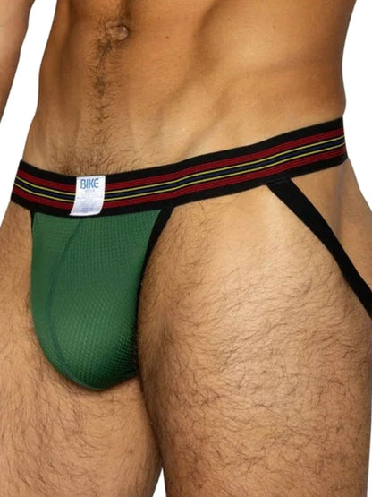 Green BIKE performance mesh jockstrap with striped waistband.