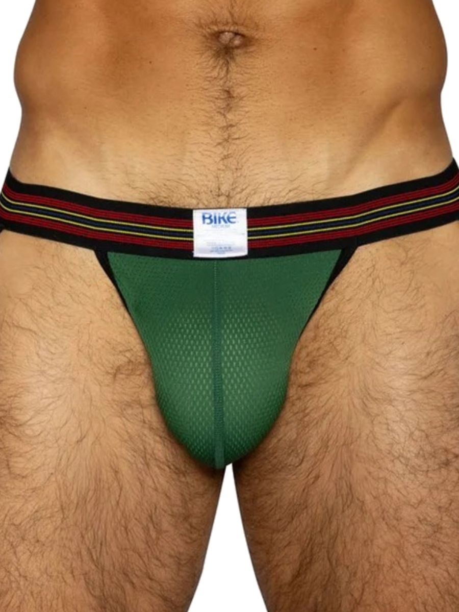 Green BIKE performance mesh jockstrap with striped waistband.