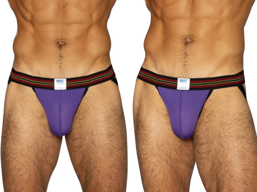 Purple BIKE athletic performance mesh jockstrap with striped waistband.