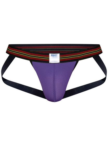 Purple BIKE athletic performance mesh jockstrap with striped waistband.