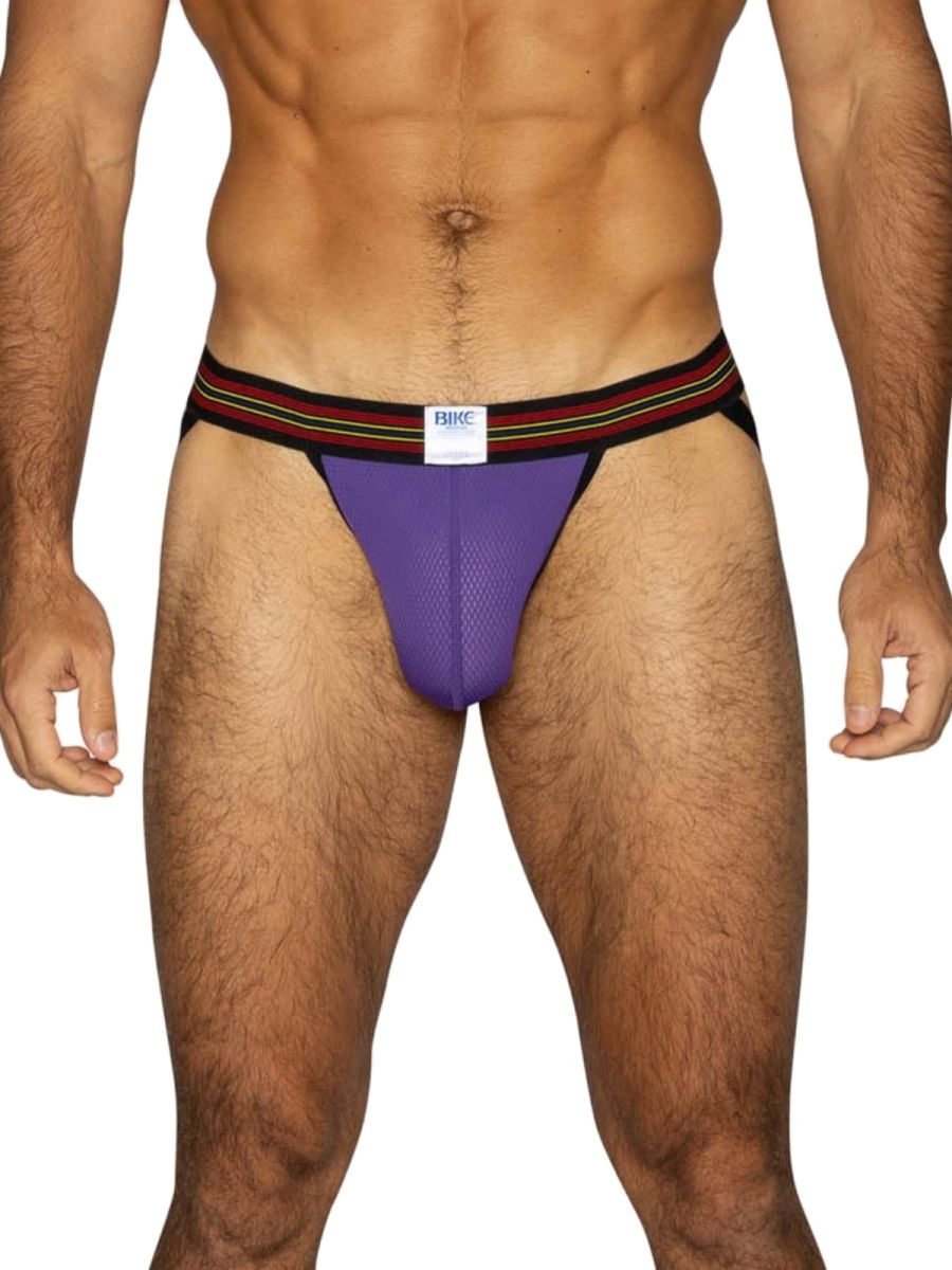 Purple BIKE athletic performance mesh jockstrap with striped waistband.