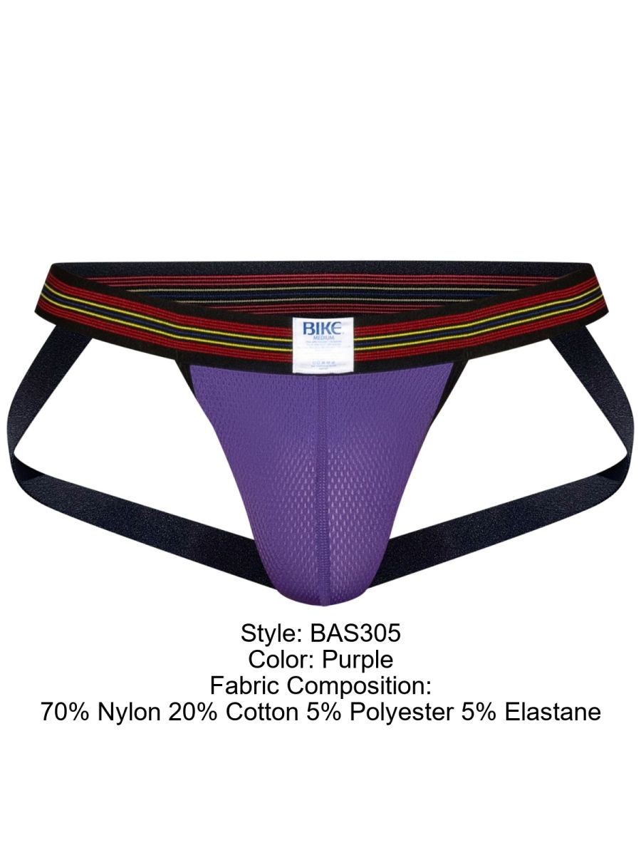Purple BIKE BAS305 men's performance mesh jockstrap with striped waistband.
