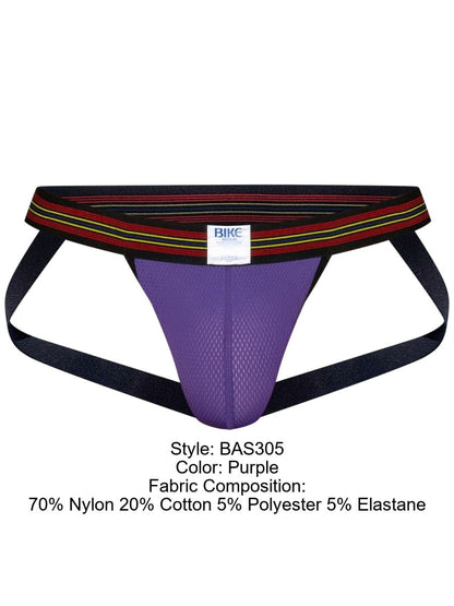 Purple BIKE BAS305 men's performance mesh jockstrap with striped waistband.