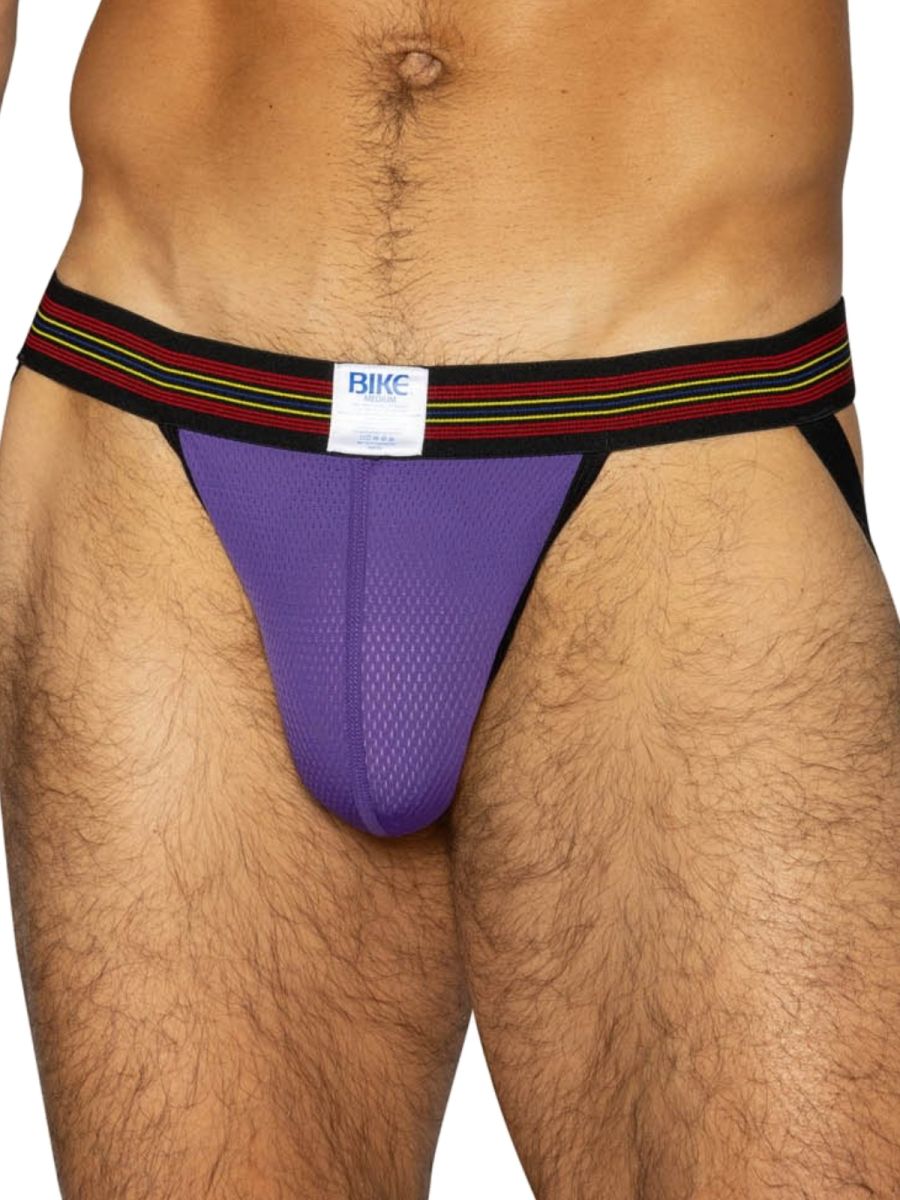 Purple BIKE athletic mesh jockstrap with striped waistband.