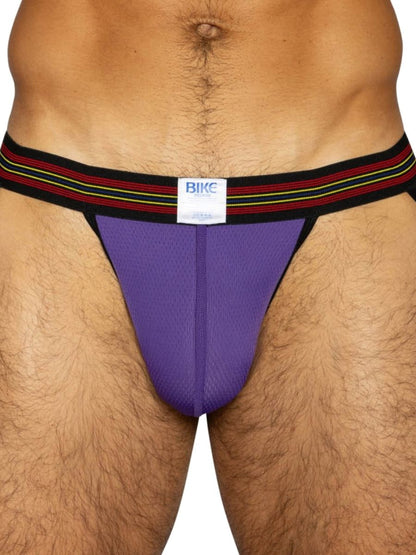 Purple BIKE performance mesh jockstrap with a striped waistband.
