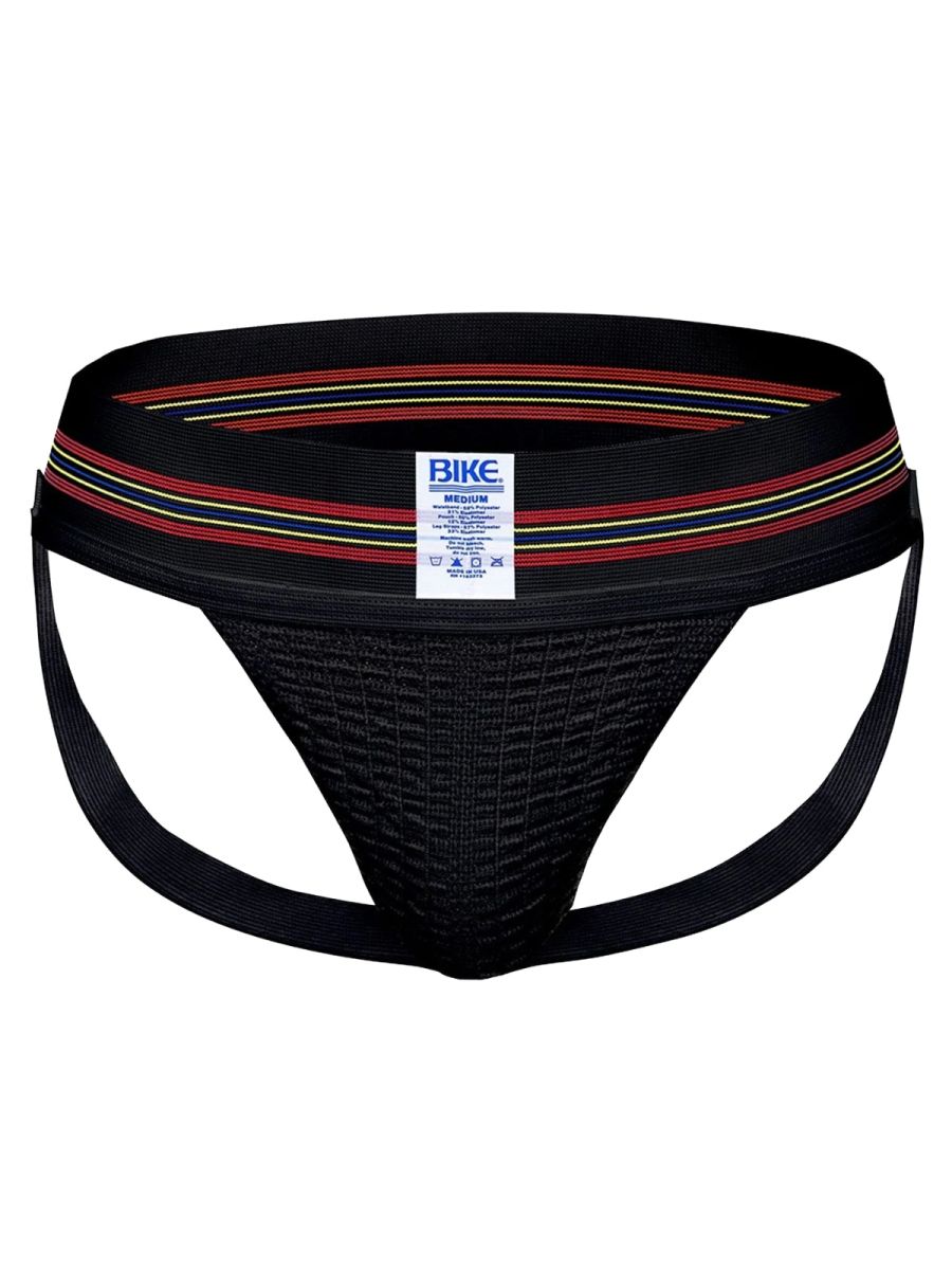 Black BIKE Athletic BAS306 Original Number 10 jockstrap with textured mesh front and striped red white yellow waistband