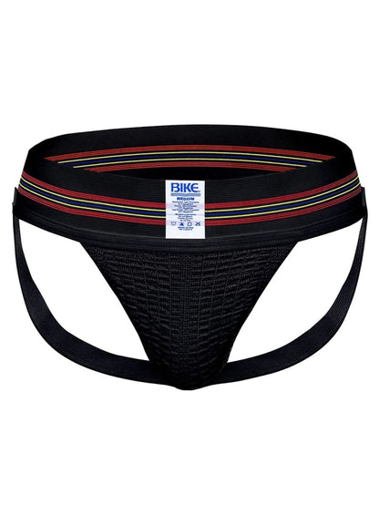 Black BIKE Athletic BAS306 Original Number 10 jockstrap with textured mesh front and striped red white yellow waistband