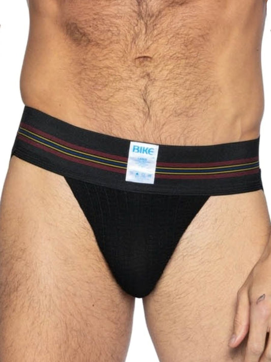Black bike briefs with a striped maroon yellow and green waistband from BIKE athletic BAS306 original number 10 jockstrap
