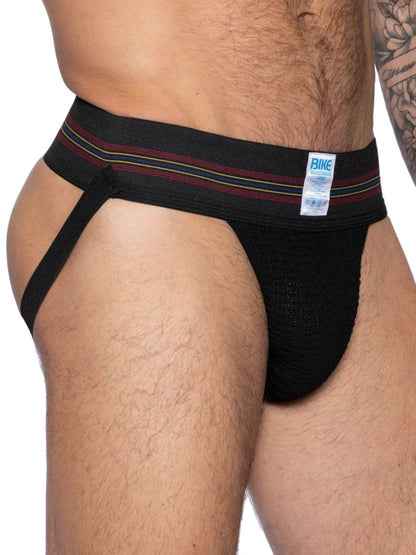 Black bike athletic BAS306 original number 10 jockstrap briefs with maroon and yellow striped waistband