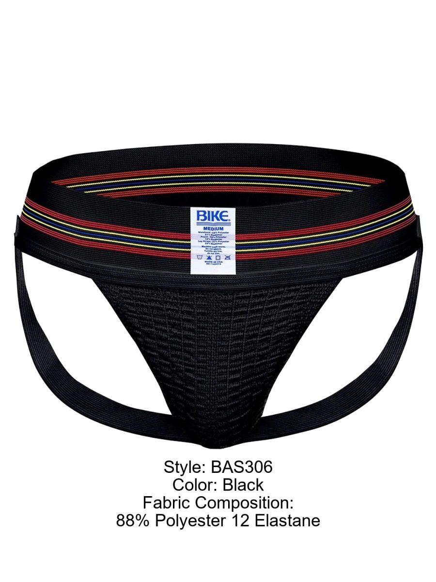 Black bike athletic bas306 original number 10 jockstrap with textured mesh front and elastic waistband striped red white yellow