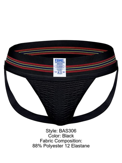 Black bike athletic bas306 original number 10 jockstrap with textured mesh front and elastic waistband striped red white yellow