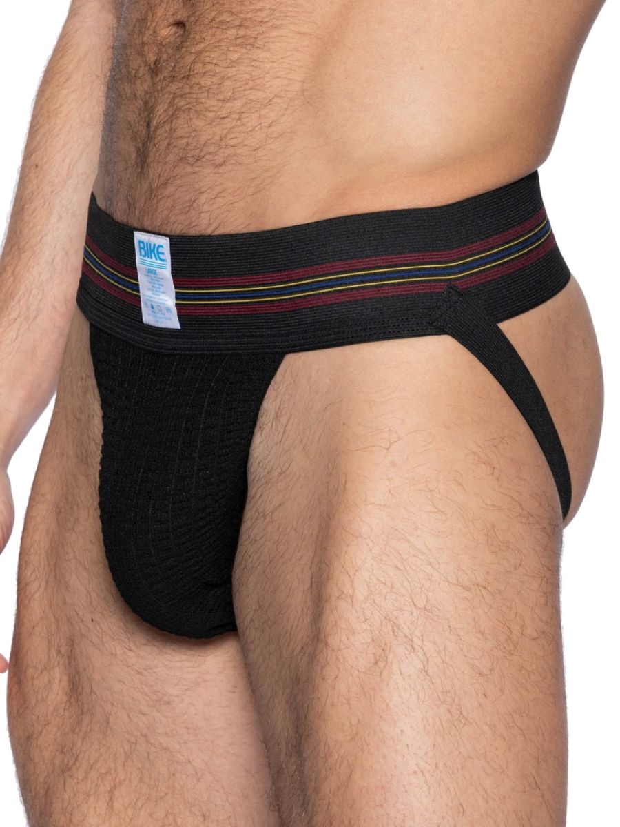 Black bike athletic bas306 original number 10 jockstrap with striped maroon yellow and white waistband