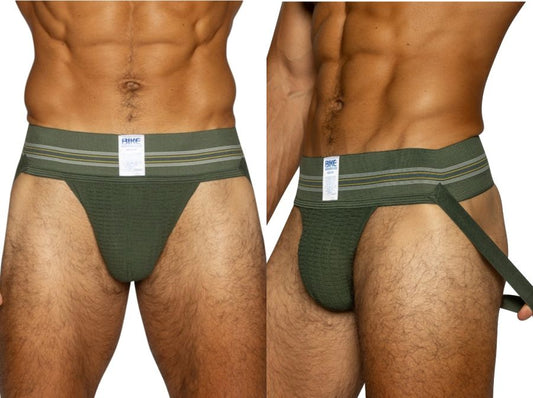 Olive green BIKE athletic jockstrap for men, showcasing the supportive pouch and waistband.
