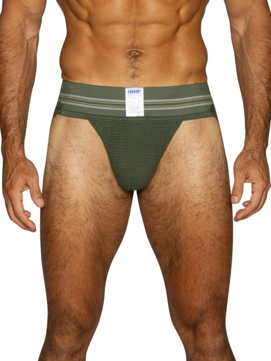 Olive green BIKE athletic jockstrap for men with ribbed front pouch and striped waistband.