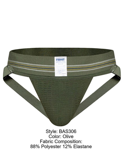 Olive green BIKE BAS306 men's jockstrap made of 88% polyester and 12% elastane.
