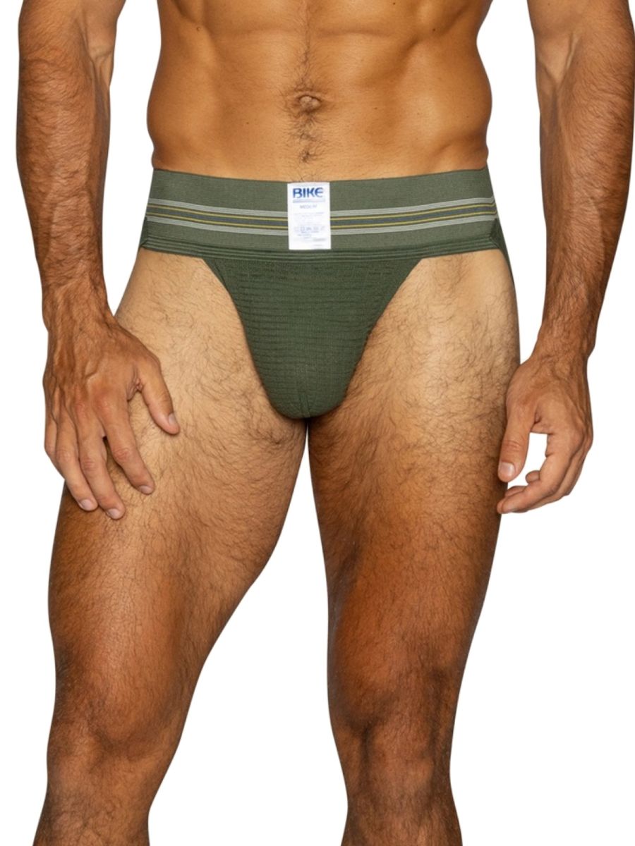 Men's olive green BIKE athletic jockstrap with a textured pouch and striped waistband.