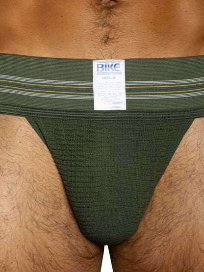 Olive green BIKE jockstrap with a ribbed pouch and striped waistband, size medium.