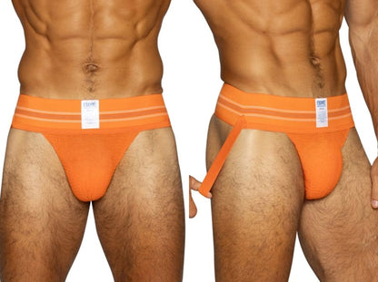 Orange BIKE athletic jockstrap with a wide elastic waistband and supportive pouch.
