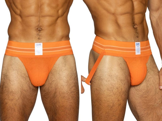 Orange BIKE athletic jockstrap with a wide elastic waistband and supportive pouch.