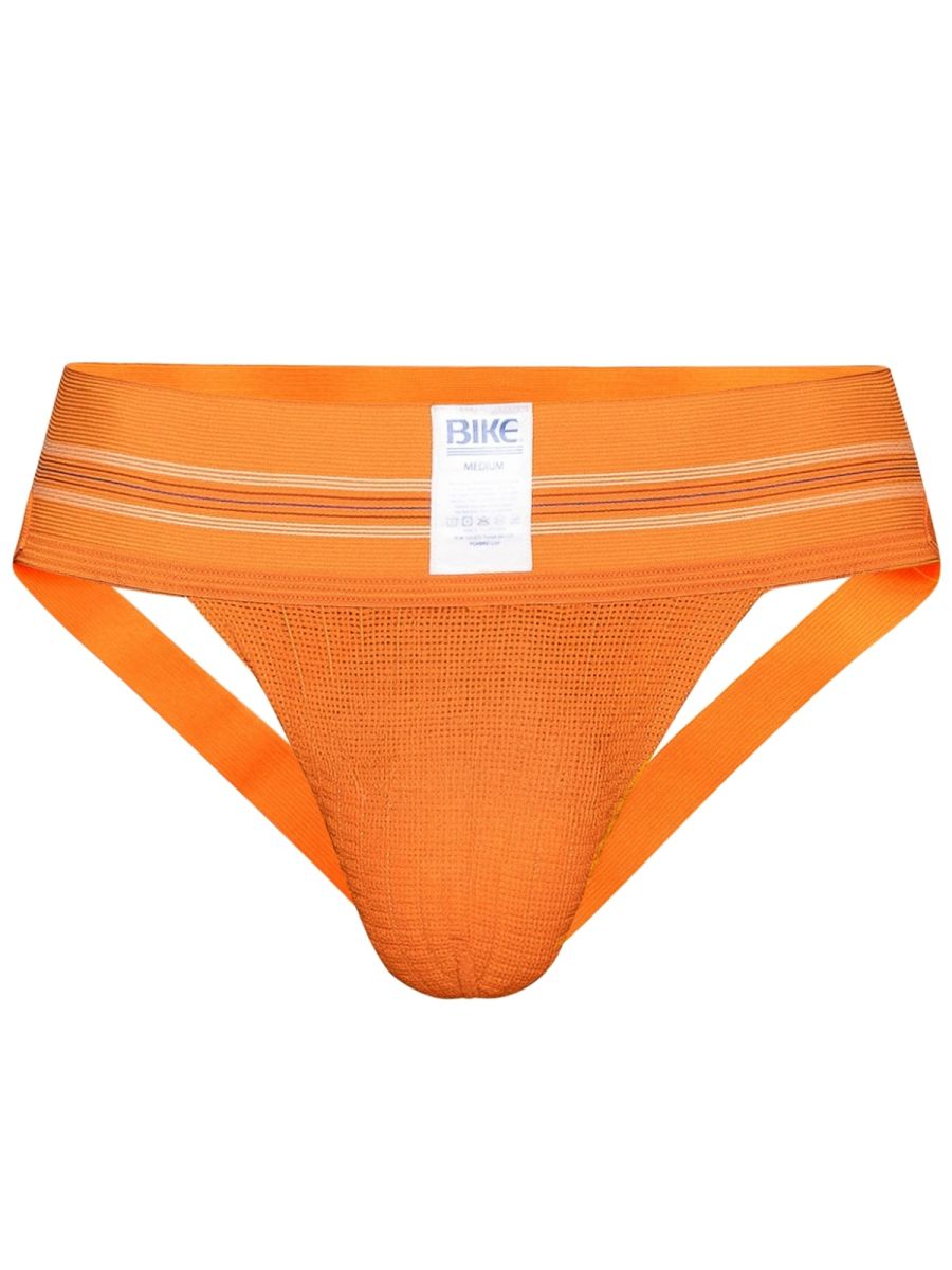 Orange BIKE brand men's athletic jockstrap with a wide elastic waistband.