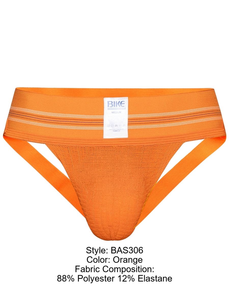 Orange BIKE athletic jockstrap with a striped waistband and mesh pouch.