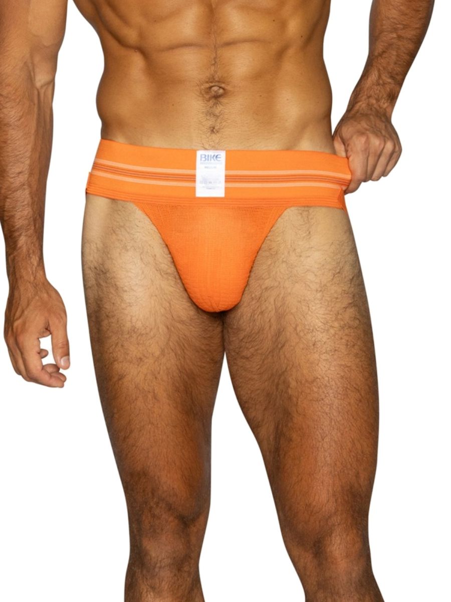 Orange BIKE athletic jockstrap for men, showing waistband and pouch.