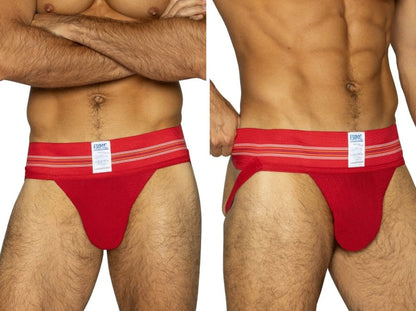 Red bikc brand athletic briefs with white and thinner red striped waistband in vibrant red color for sports use