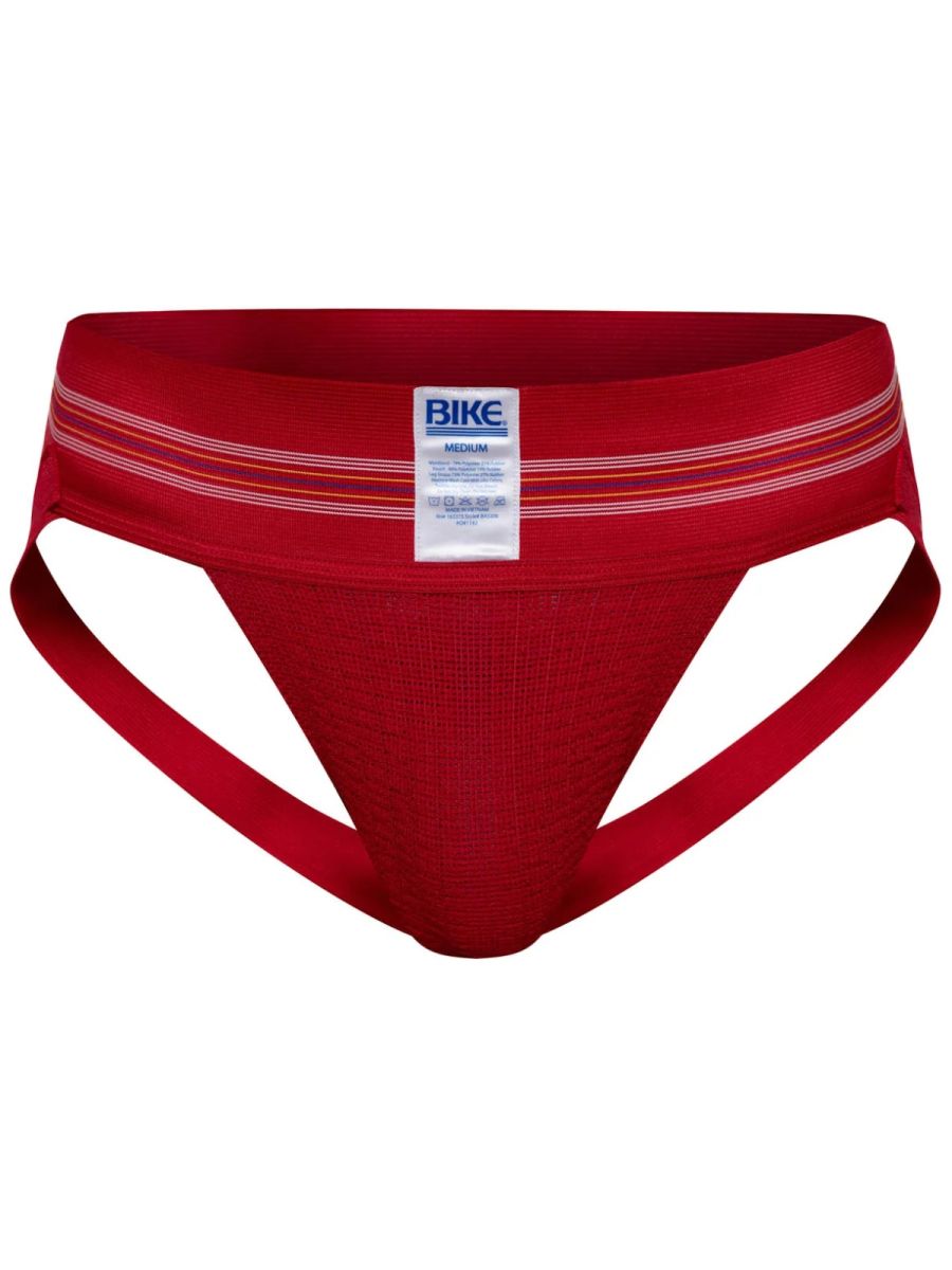 Red bike brand athletic briefs with white and orange striped waistband in vibrant red for active use