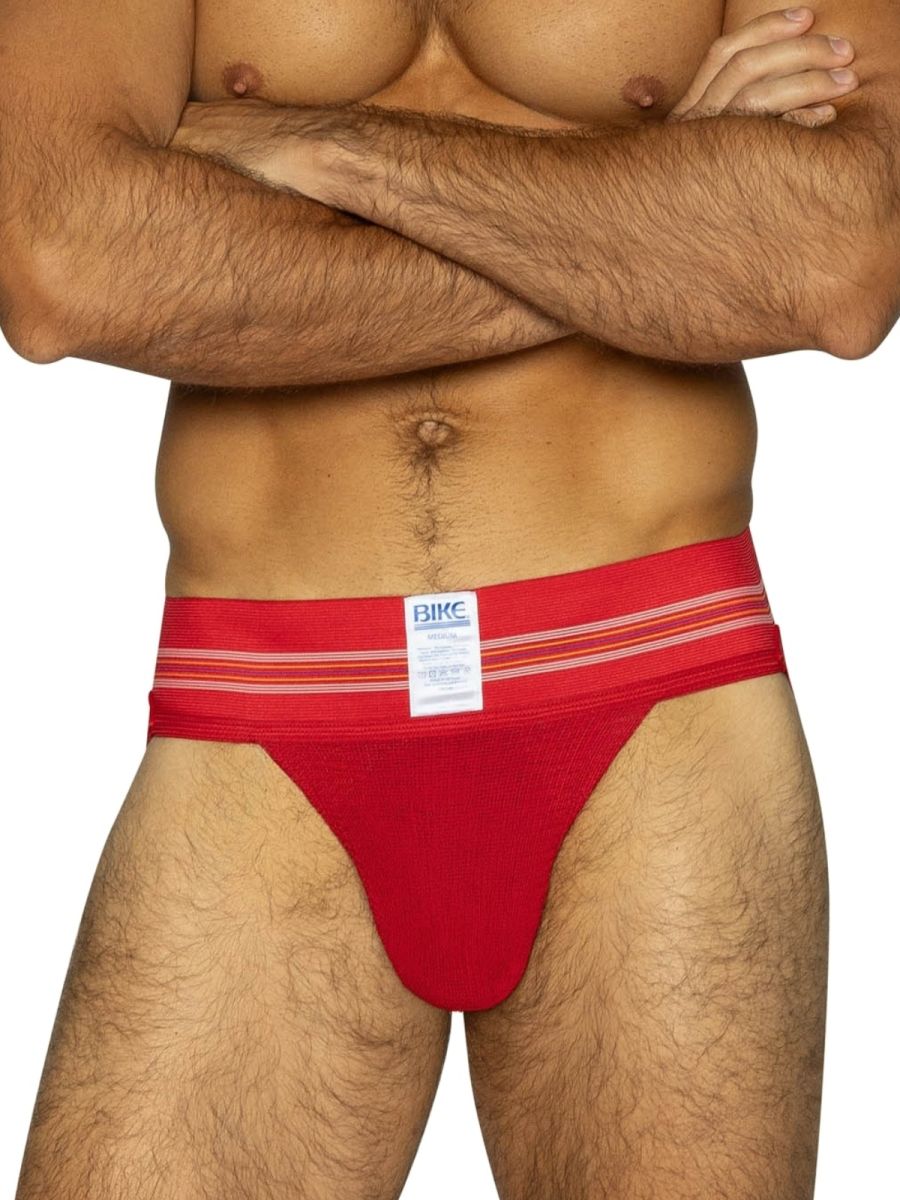 Red bikc brand athletic briefs with white horizontal stripes on waistband from the bike athletic bas306 jockstrap line