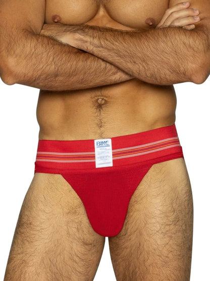 Red bikc brand athletic briefs with white horizontal stripes on waistband from the bike athletic bas306 jockstrap line