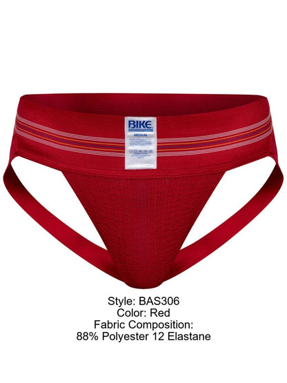Red bike athletic briefs with white and orange striped trim and brand label on waistband in vibrant color red