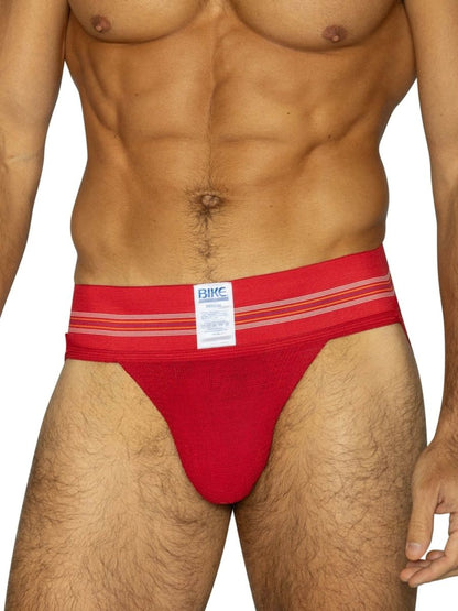 Red bike athletic bas306 original number 10 jockstrap in vibrant red with textured fabric and white striped waistband