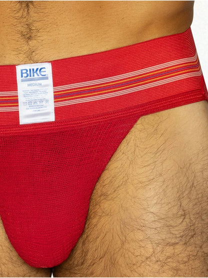 Red Bike Athletic BAS306 original number 10 jockstrap with striped elastic waistband in vibrant red color