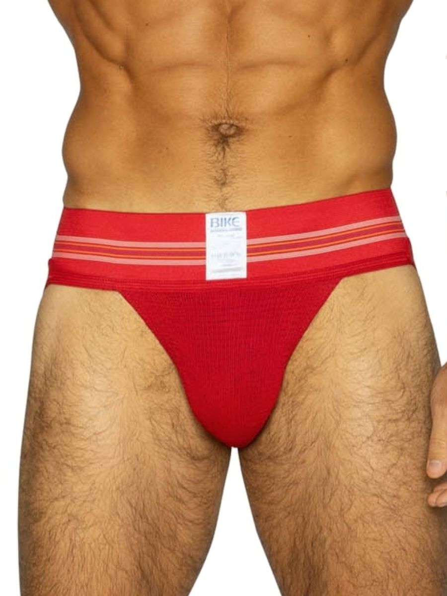 Red bike athletic briefs with striped waistband and white label from bas306 original number 10 jockstrap collection