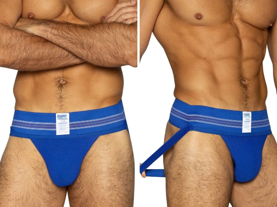 Blue Bike brand Royal color athletic jockstrap with striped waistband and adjustable side strap shown from back side