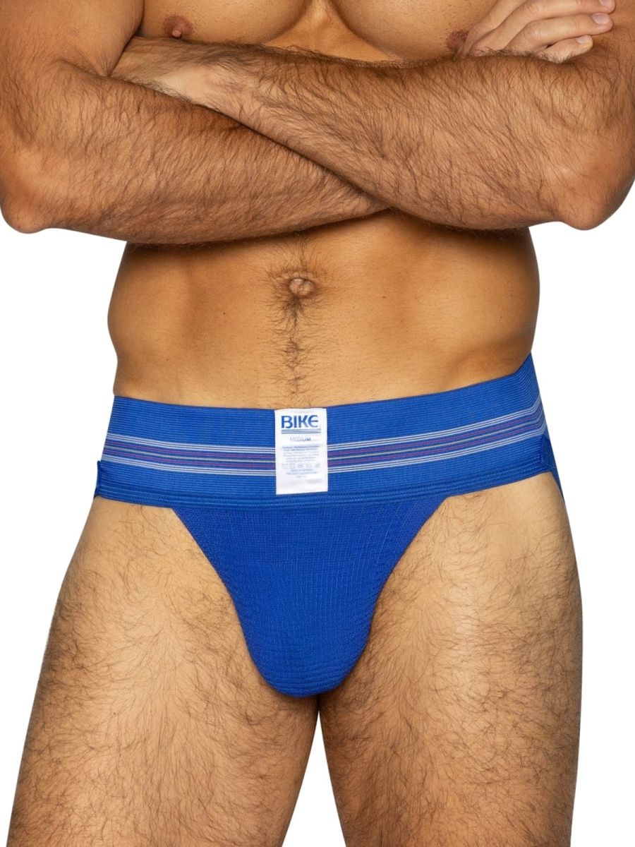Blue bike brand royal athletic jockstrap with striped waistband for support and comfort in active use